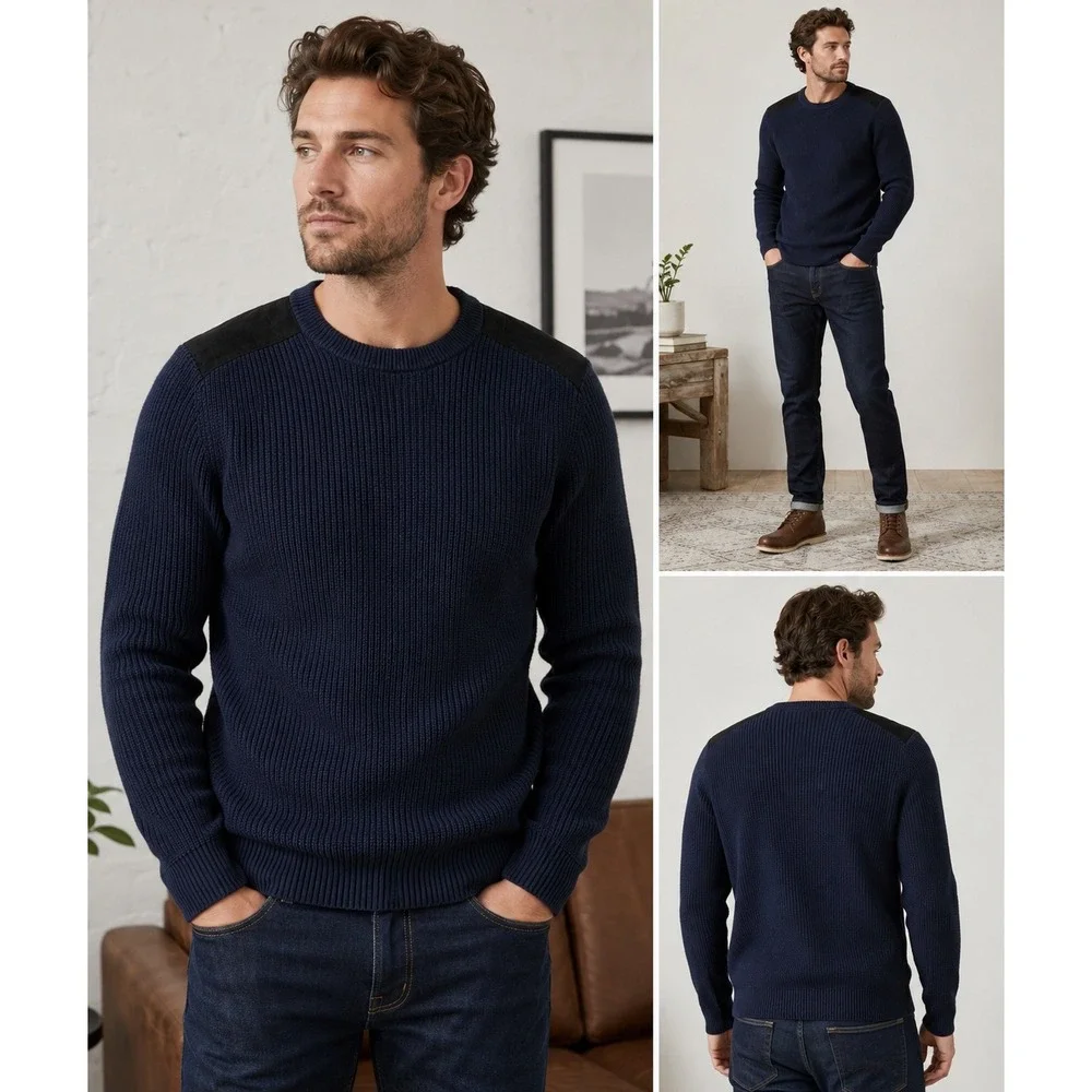 Banana Republic Mens Navy Ribbed Cotton Sweater Shoulder Patches military